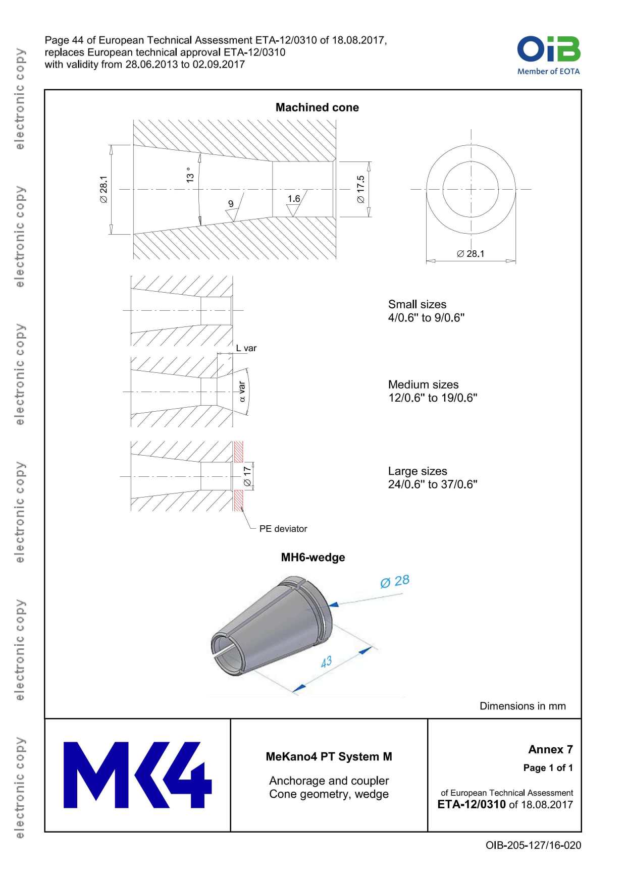 WEDGES machined cone dimensions for Mekano4 PT system M