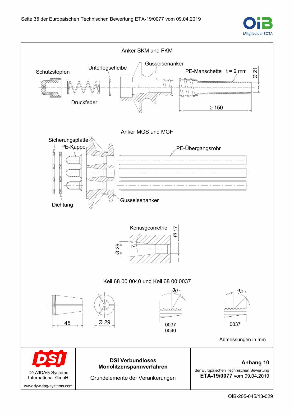 WEDGES Dimension for DSI post-tensioning system