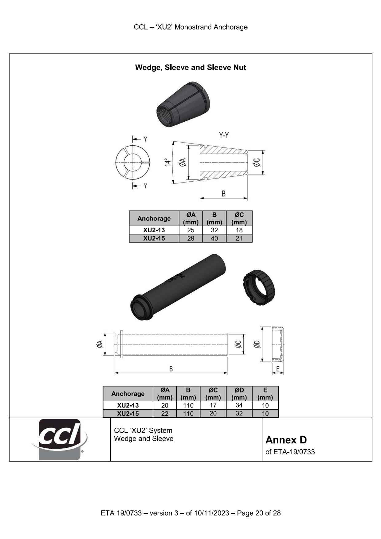 WEDGES dimension sleeve and sleeve nut for CCL XU2 post-tensioning system