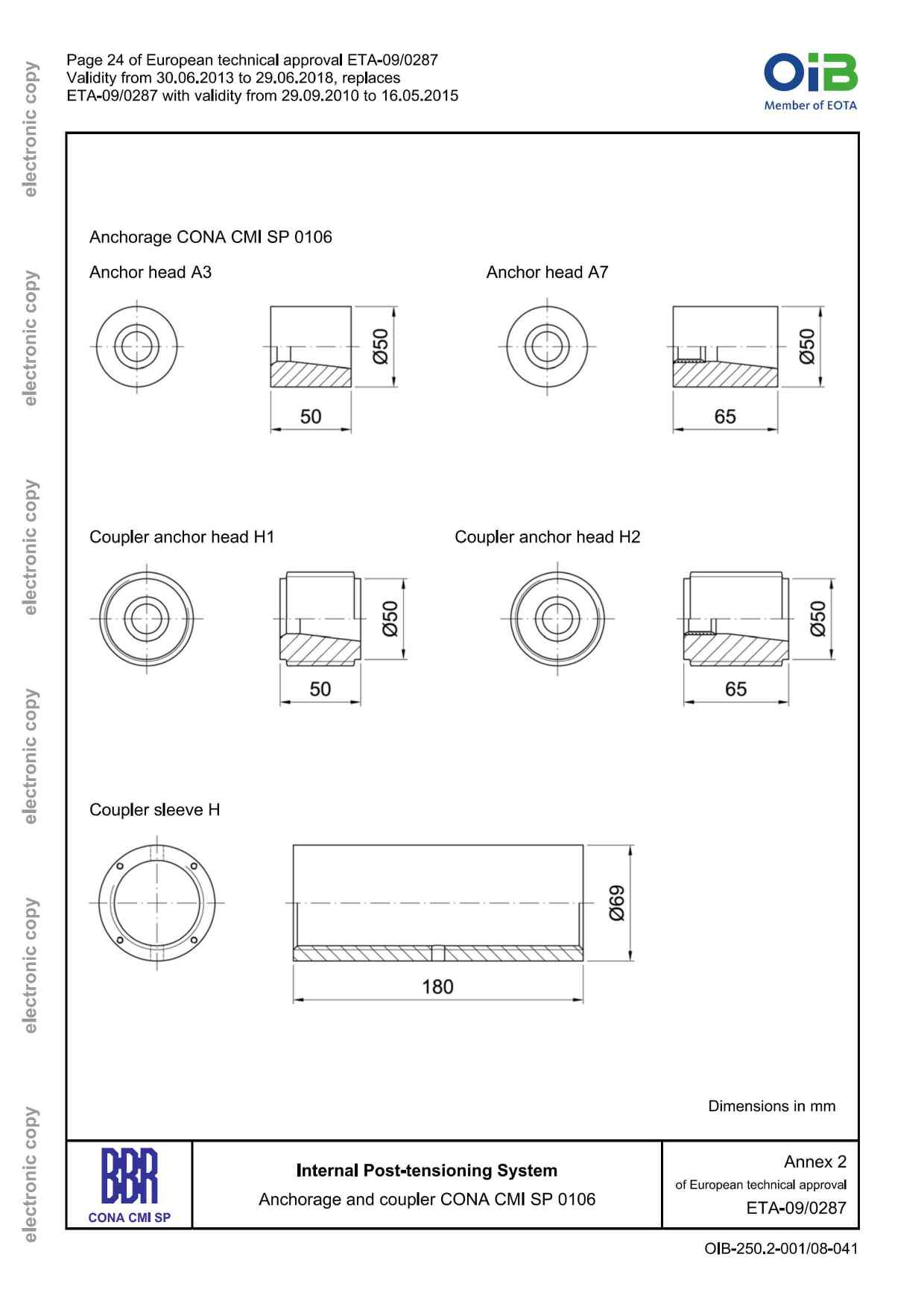 WEDGES anchor head, coupler anchor head, coupler sleeve dimension for BBR internal post-tensioning system