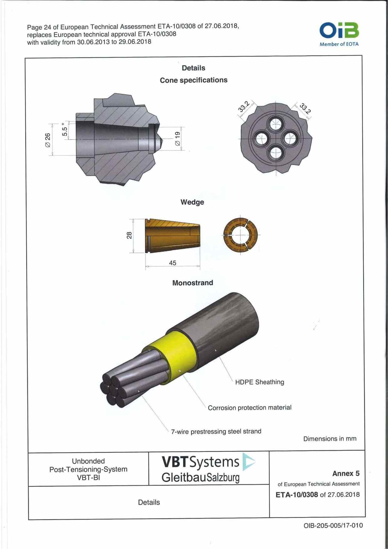 WEDGES cone monstrand dimension for VBT-BI unbonded post-tensioning system