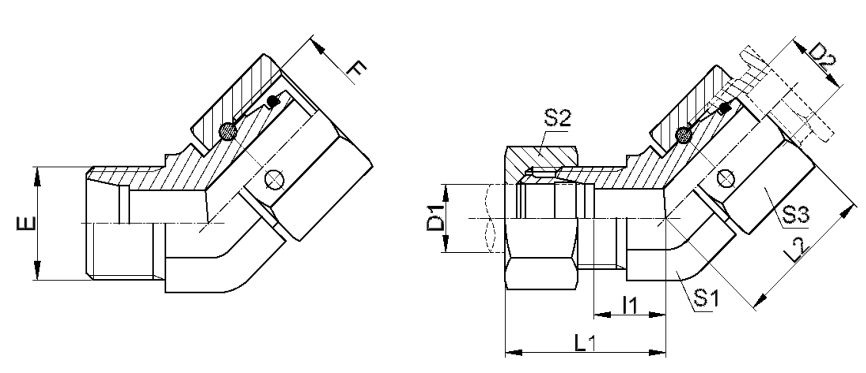 Dimension sheet of tube to swivel 45 degree elbow connecto