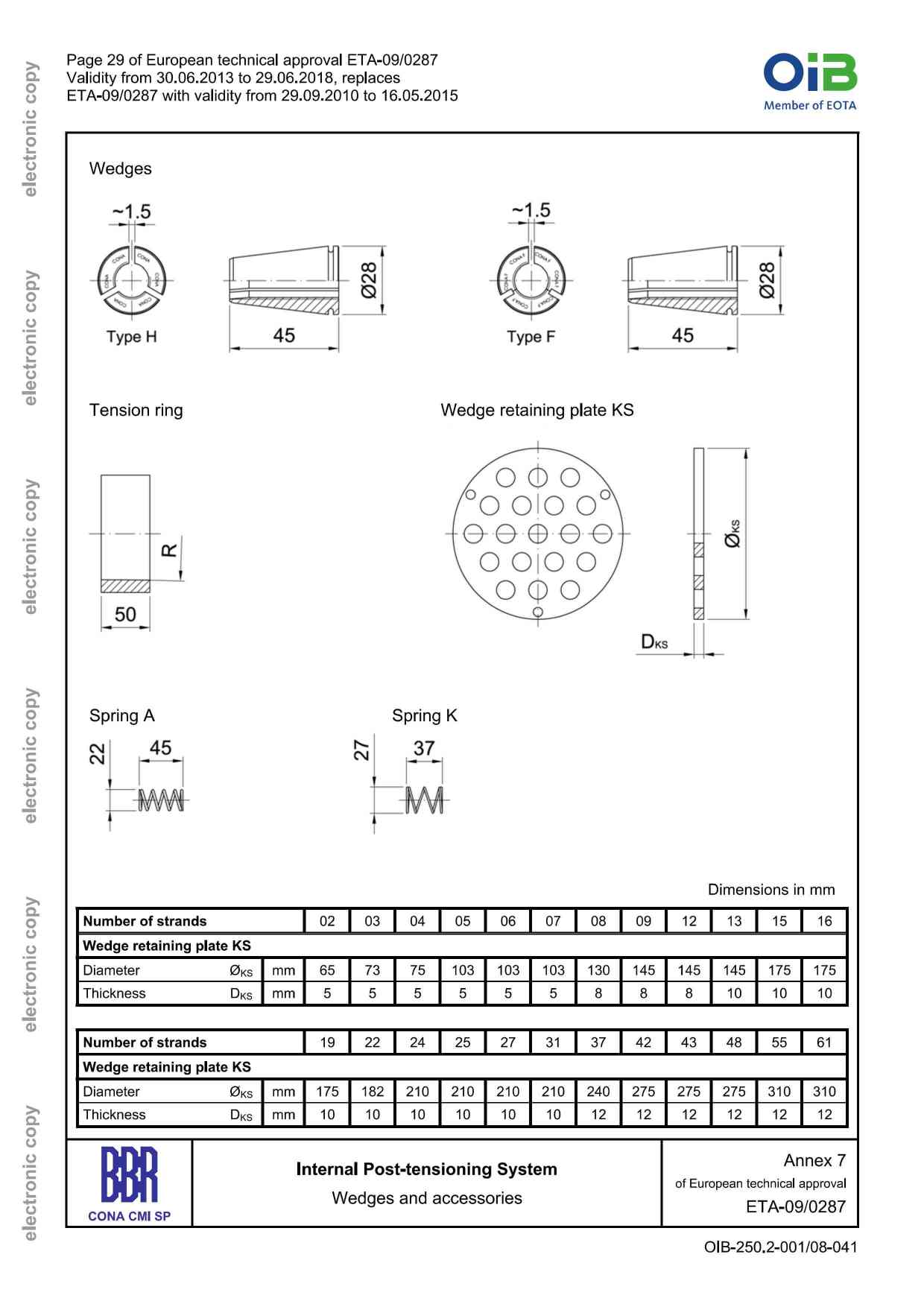 WEDGES and accessories dimension for BBR internal post-tensioning system