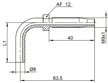 Pipe socket bent by 90° hose ends