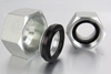  An assembled view of a DIN 2353 hydraulic tube compression fitting showing the connection union body, the soft seal cutting ring, and the compression nut arranged linearly.