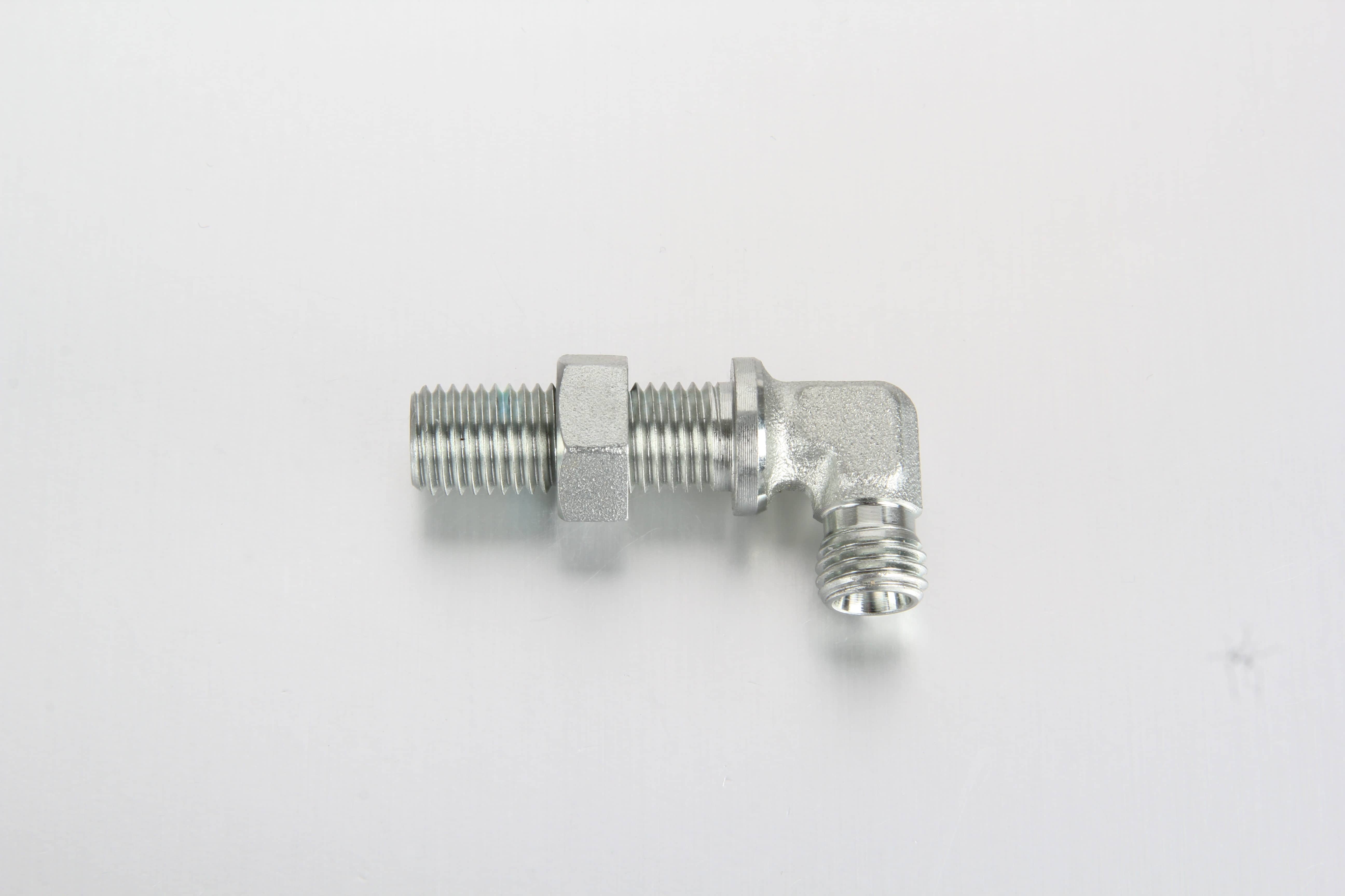 etric compression elbow bulkhead fitting assembly making a 90-degree turn through a panel wall for centralized grease lines