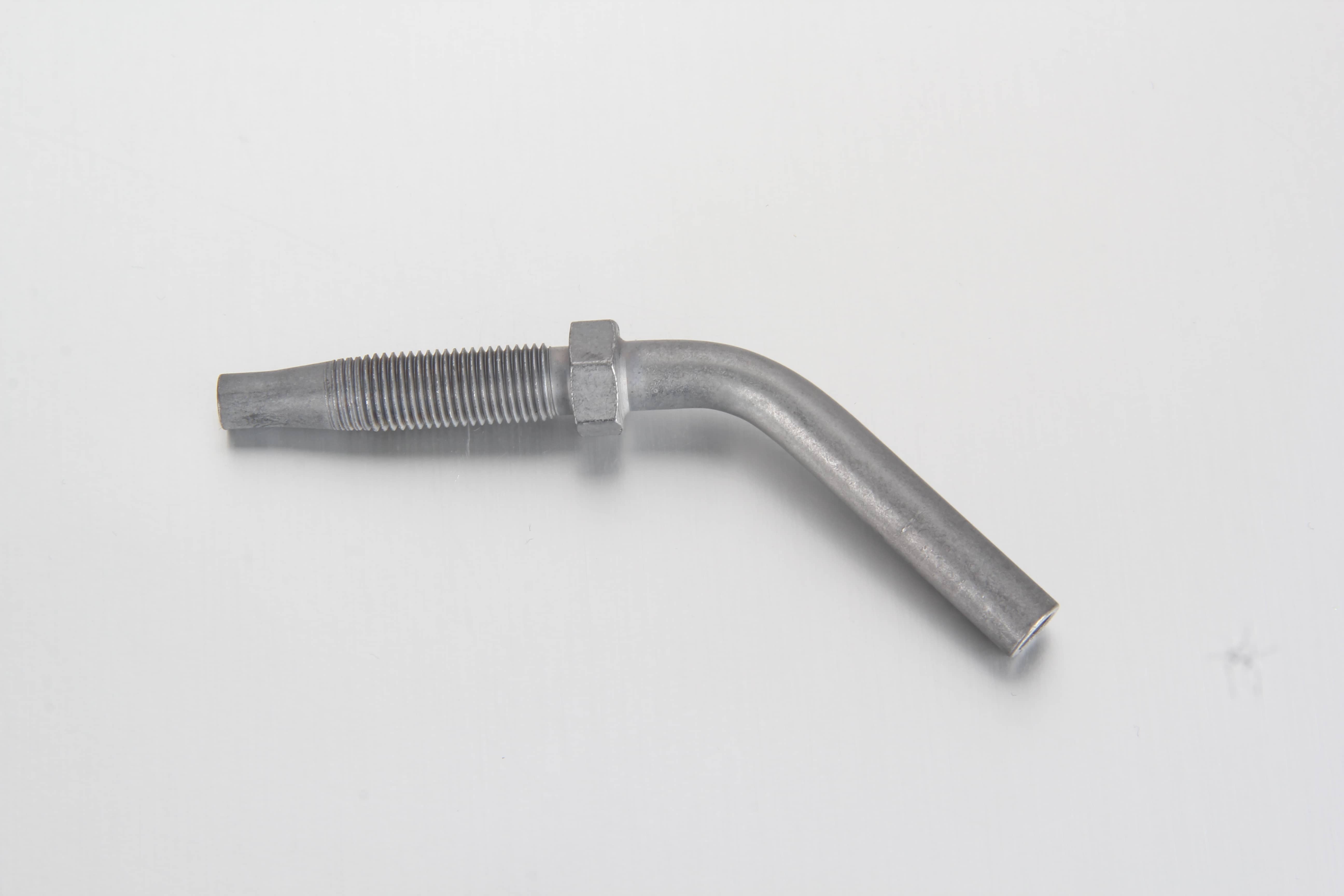 Quality control inspection of galvanized steel, black chromated steel, and stainless steel 45° angled hose studs in a bulk manufacturing plant.