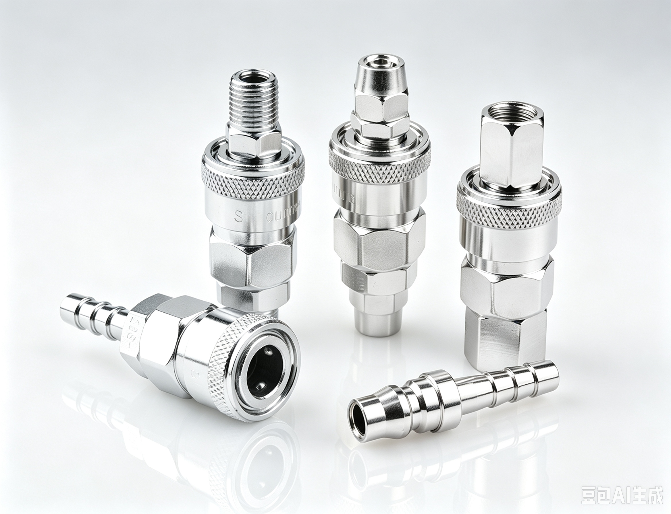 Heavy-duty rubber and aluminum dust caps attached to stainless steel hydraulic quick release plugs.