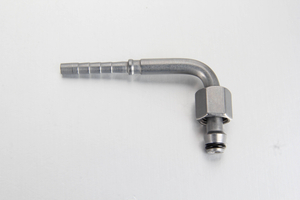 A macro detail shot showing the precise internal 24-degree sealing cone and embedded black rubber O-ring inside a 90-degree automatic grease line swivel head.