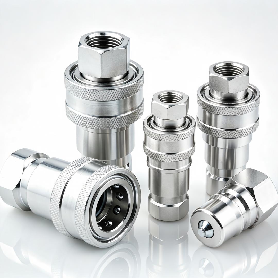  Internal poppet valve structure of an ISO 7241 series A stainless steel quick disconnect fitting.