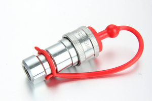 Front angle view of a carbon steel DIN 7241-B female quick coupling sleeve mechanism showcasing the internal locking ball bearings.