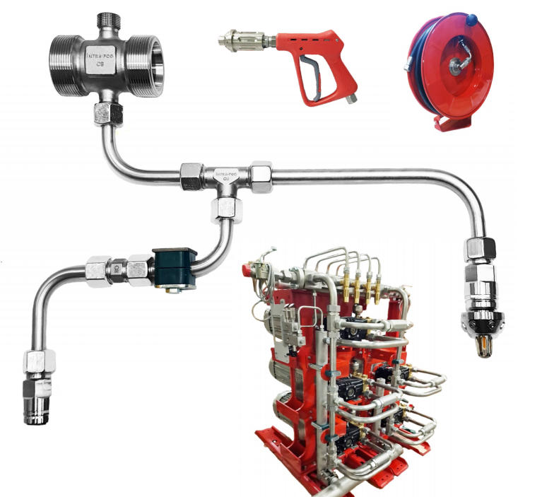 Stainless steel 316L high pressure compression fittings engineered for OSKAGROUP INTRA-FOG water mist fire extinguishing equipment.