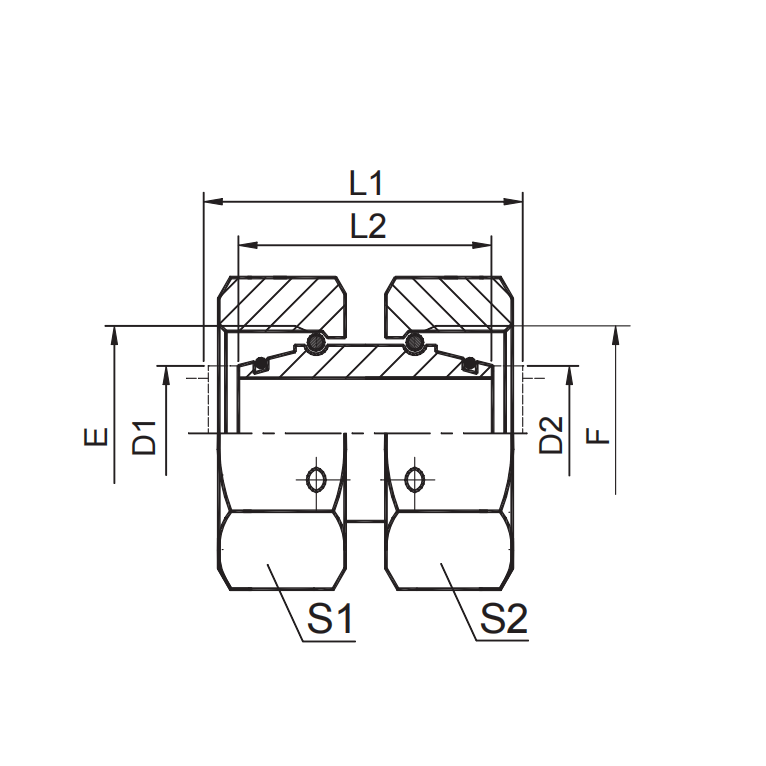 Technical drawing blueprint of a stainless steel DKO swivel union fitting highlighting the 24-degree cone seat, O-ring groove, and thread sizes