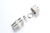 Exploded component view showing the fitting body, front ferrule, back ferrule, and nut assembly.