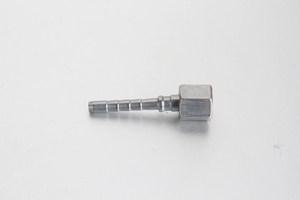 A clear, white-background shot of a steel straight hose tail fitting showcasing the barbed crimping stem and the DIN 2353 DKOLL metric female swivel nut.