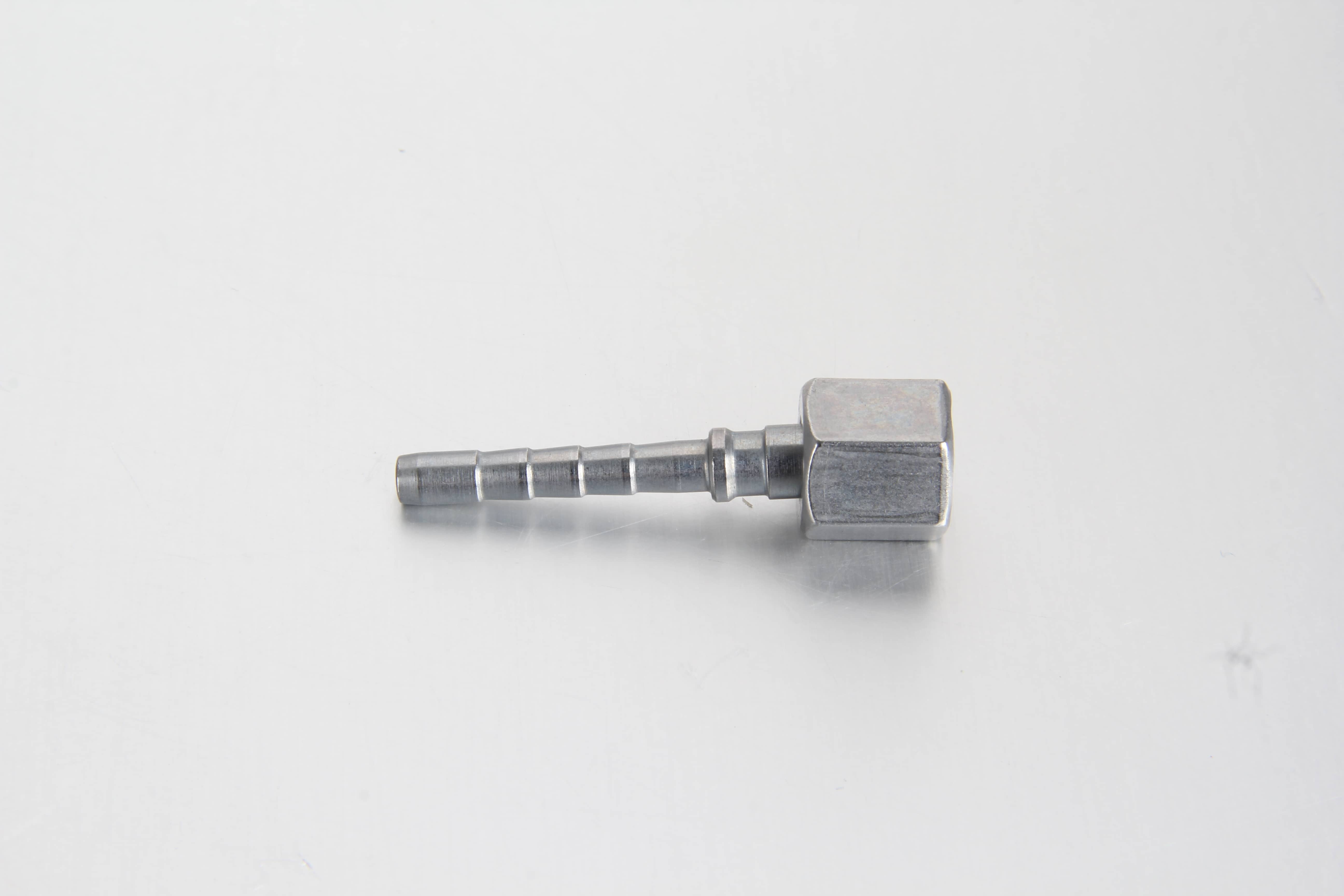A clear, white-background shot of a steel straight hose tail fitting showcasing the barbed crimping stem and the DIN 2353 DKOLL metric female swivel nut.