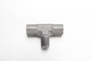 High pressure steel branch tee adapter by Fitsch featuring an ISO 7 male BSPT thread on the leg and ISO 1179-1 female BSPP ports on the straight run.