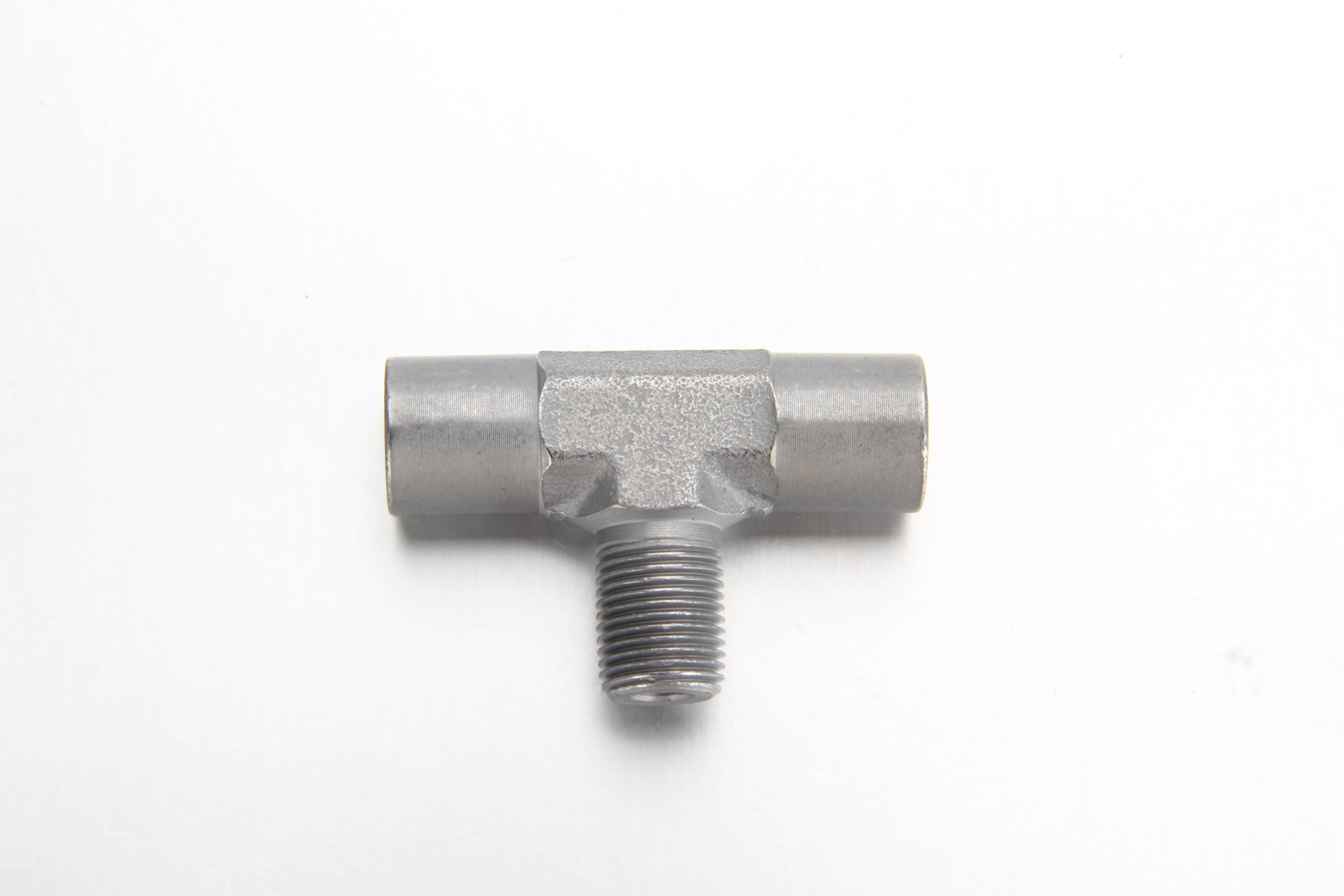 High pressure steel branch tee adapter by Fitsch featuring an ISO 7 male BSPT thread on the leg and ISO 1179-1 female BSPP ports on the straight run.