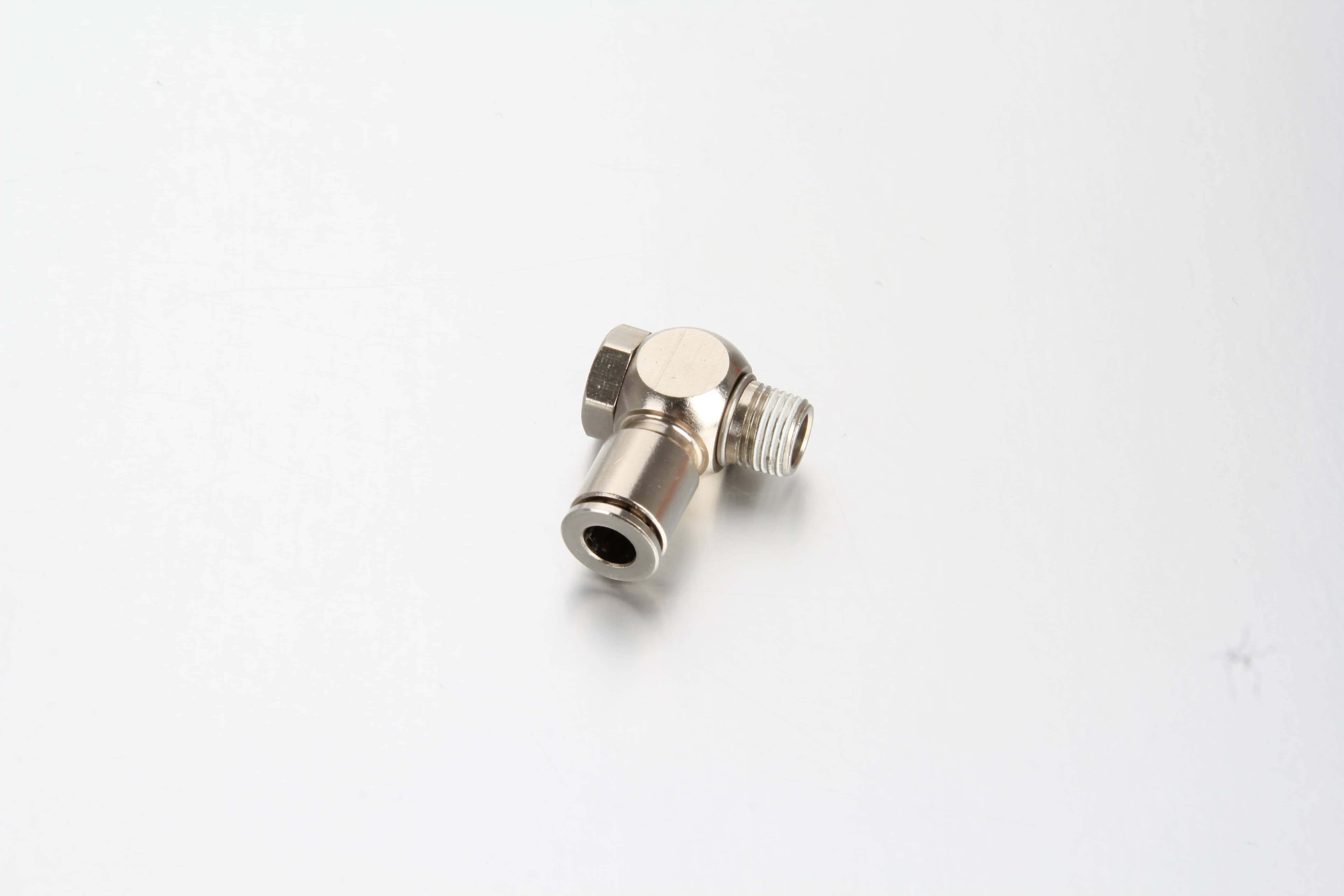A high-pressure nickel-plated brass swiveling banjo quick connector push-in fitting with a perforated hollow bolt for centralized lubrication systems.