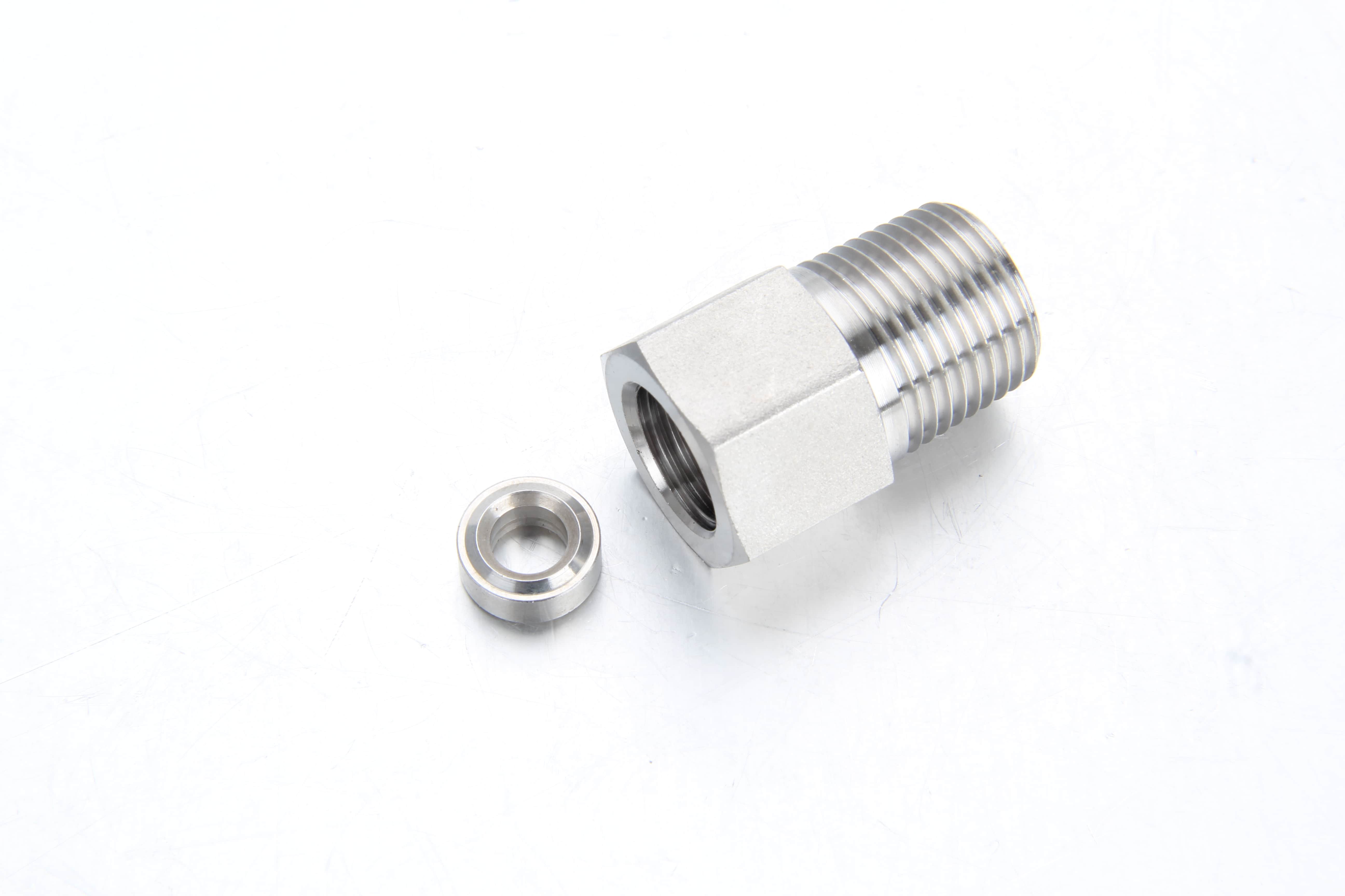 Heavy series S stainless steel 24 degree cone high pressure pressure gauge adapter for severe mechanical systems.