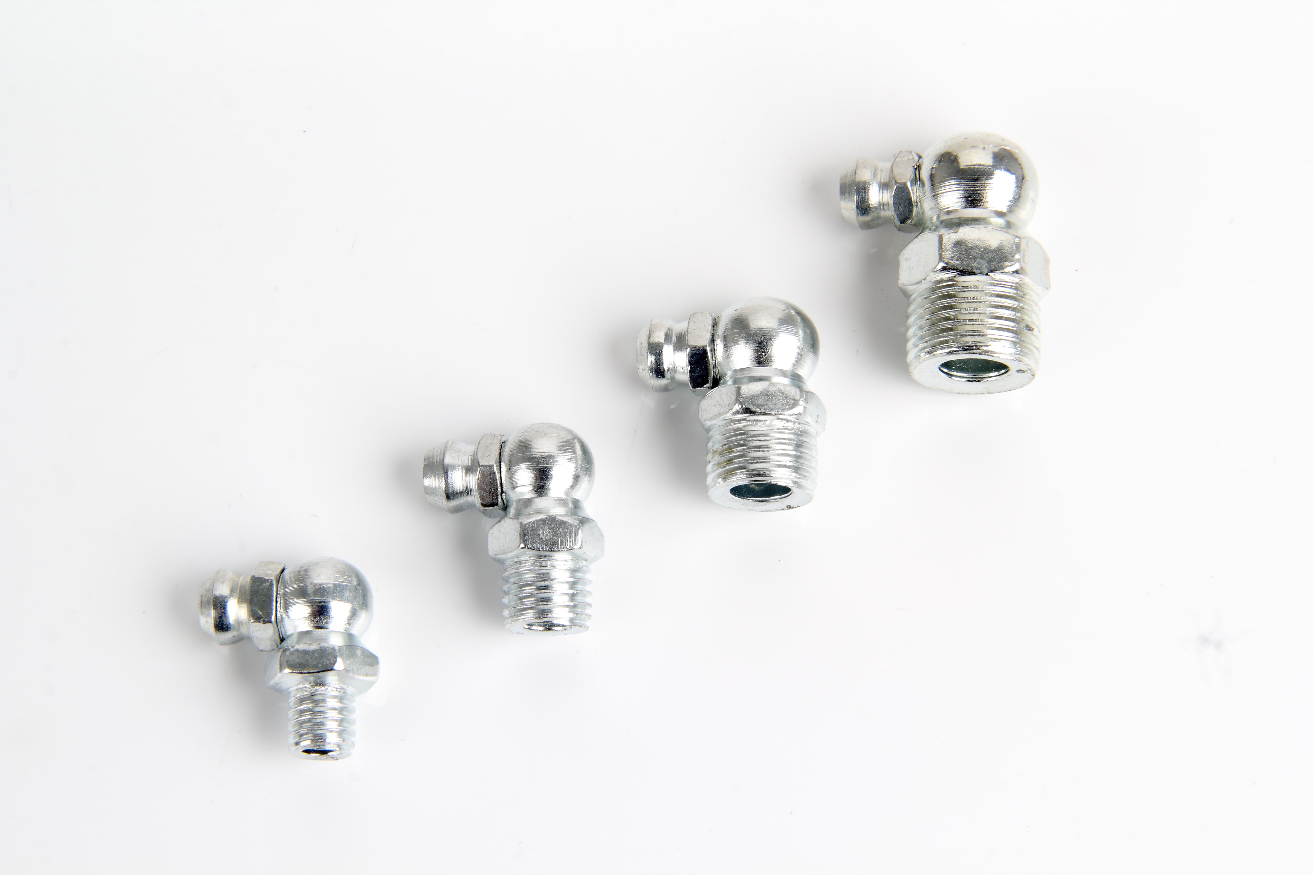 Heavy duty metal 90 degree elbow grease nipple with male tapered thread built to DIN 71412 Form C by Fitsch.
