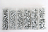 An assortment box filled with white zinc plated steel grease nipples and tapered thread zerk fittings by domame.