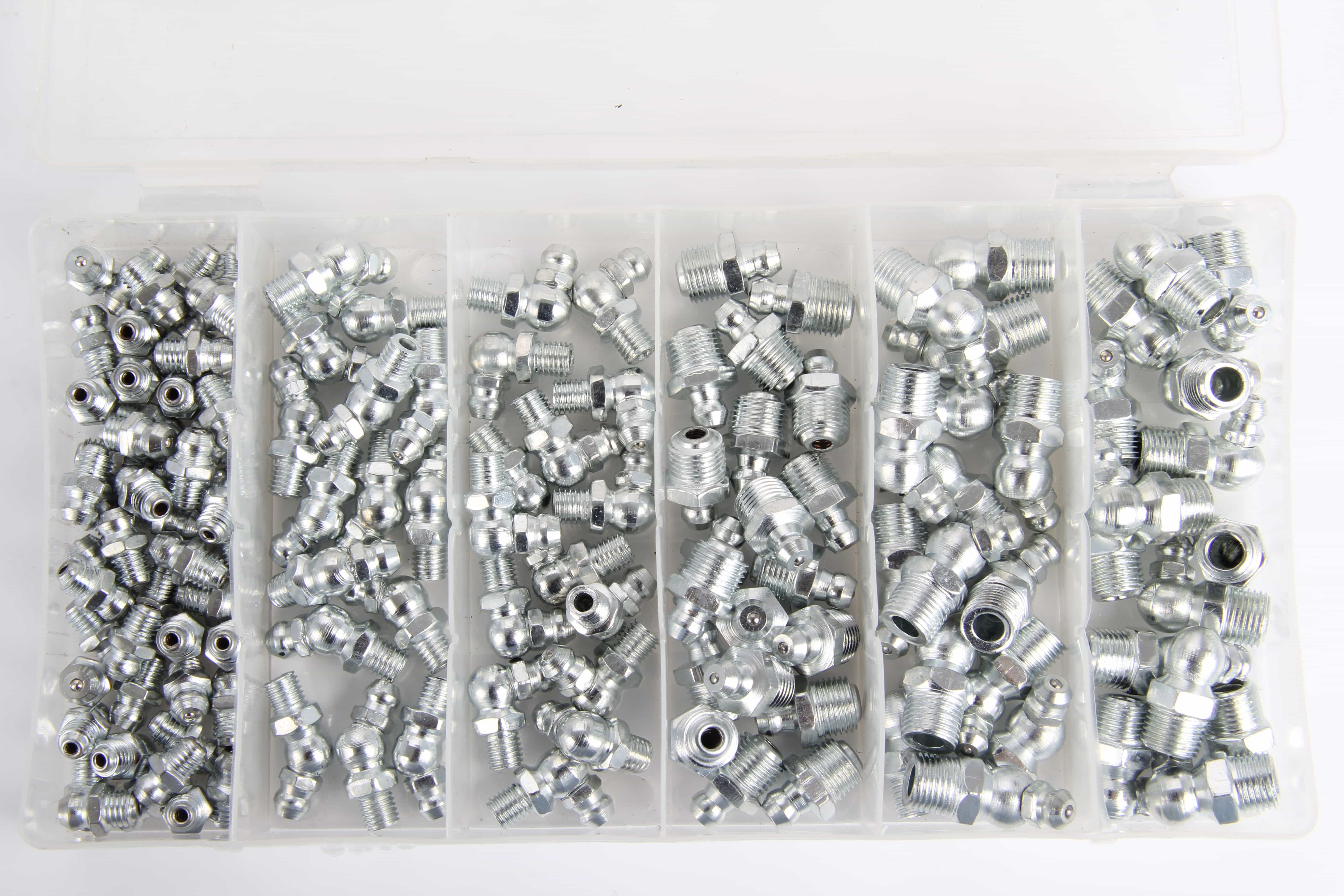 An assortment box filled with white zinc plated steel grease nipples and tapered thread zerk fittings by domame.
