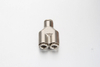Studio shot of a heavy-duty 3-way quick-connect Y union fitting made of nickel-plated brass for centralized lubrication systems