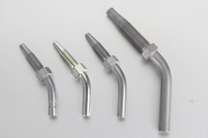 Premium metric 45 degree elbow hose studs designed for high-pressure line routing in an automatic lubrication system.