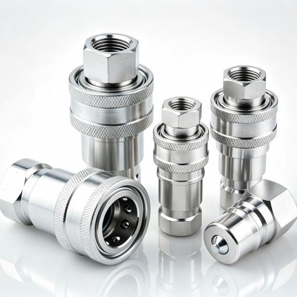  Fitsch high-pressure stainless steel hydraulic quick-disconnect couplings with leak-free flat-face and dry-break designs, engineered for rapid tool-free connection in industrial fluid systems and data center liquid cooling loops.