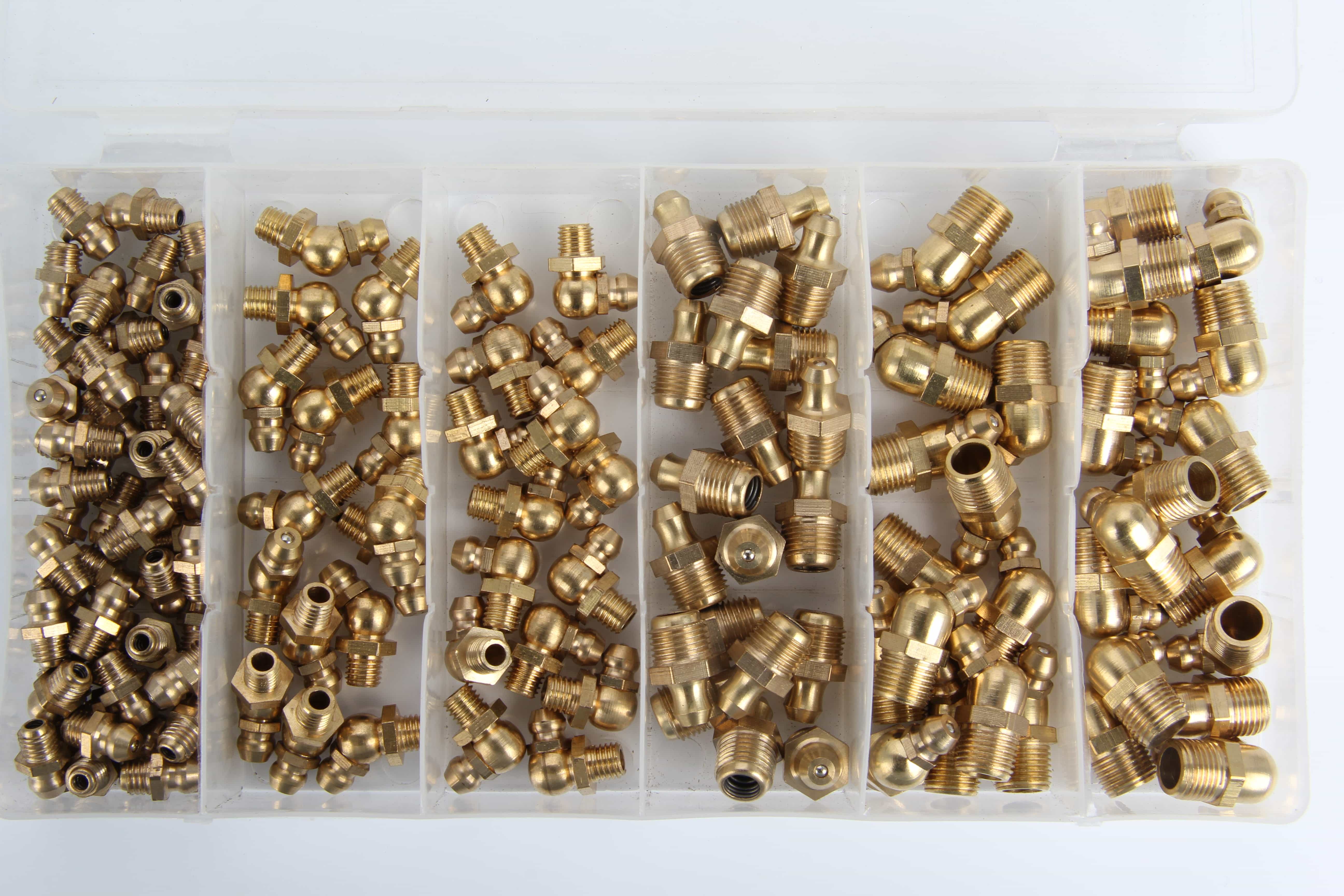 Heavy duty storage box containing various metric brass grease nipples and corrosion resistant lubrication line fittings by Fitsch.
