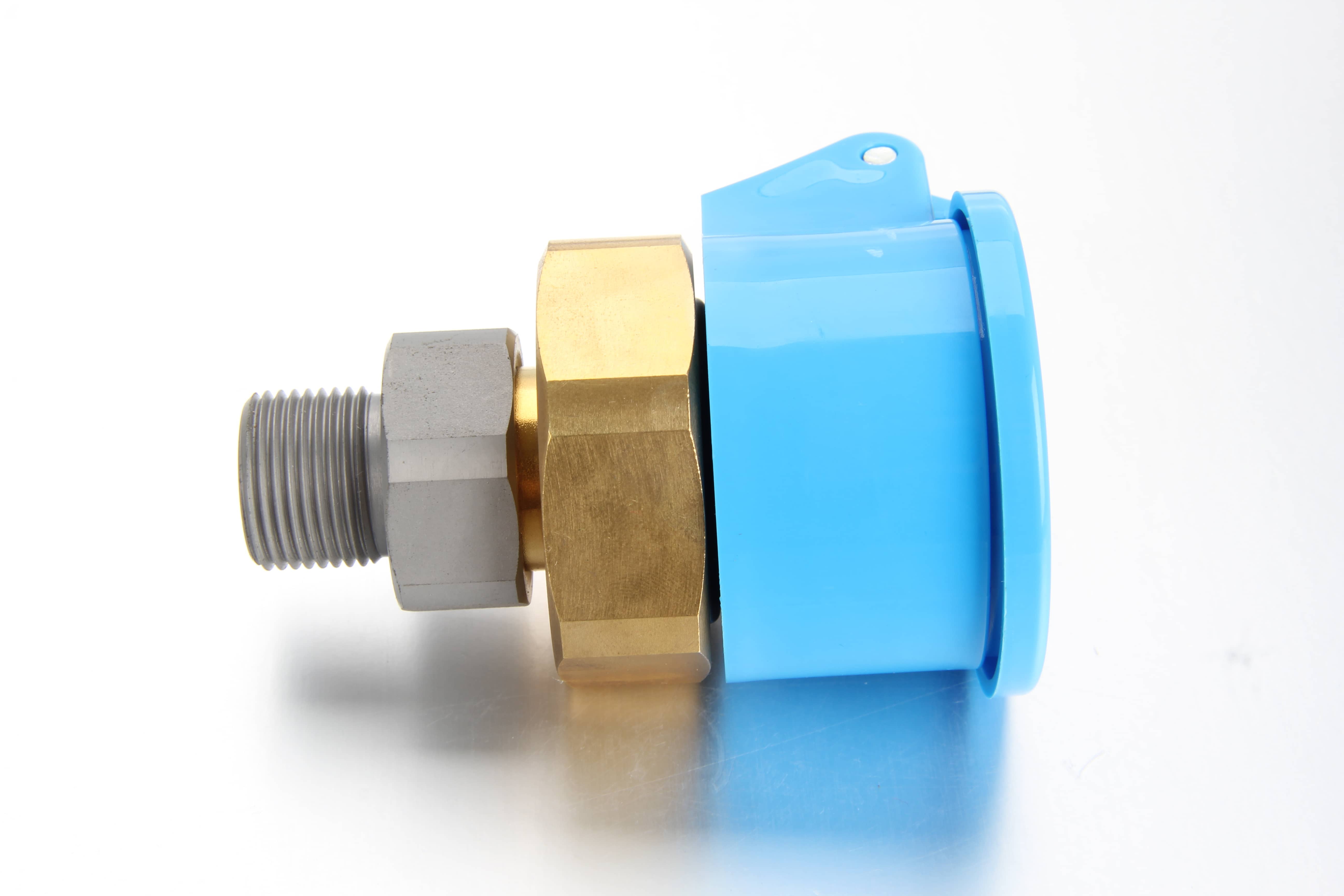 Side profile of a specialized OEM lubrication quick coupling socket showing the main grease inlet and the secondary return flow line port.