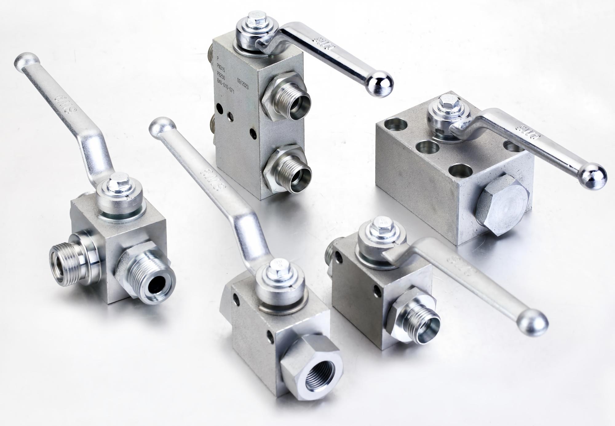 Fitsch high pressure hydraulic ball valve with DIN 2353 tube, ISO 1179-1 female BSP, SAE 476 NPT, and SAE J518 flange connections.