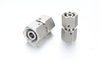 Close-up of a straight stainless steel DIN 2353 metric DKO swivel union fitting adapter with Viton O-ring sealing.