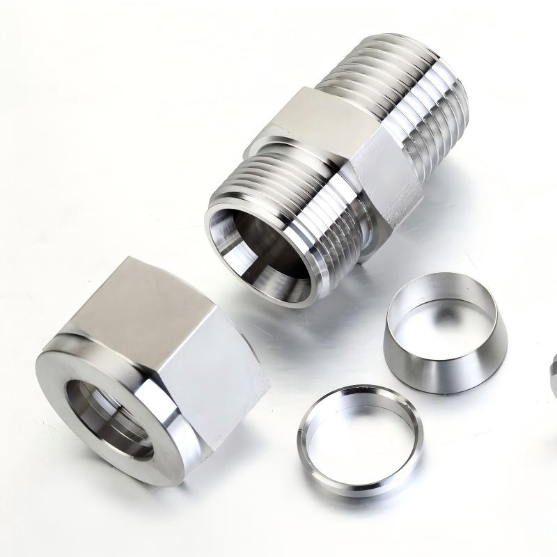 Fitsch high-precision SS316L stainless steel compression fittings showing a detailed assembly cross-section with double ferrule cutting rings, engineered for high-pressure industrial fluid loops and data center liquid cooling infrastructure.