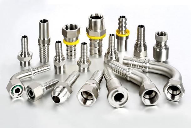 Comprehensive scope chart of Fitsch stainless steel hydraulic hose fittings, displaying all types of one-piece crimped couplings, two-piece configuration hose ends, and crimp ferrules matching braided and multi-spiral high-pressure industrial hoses.