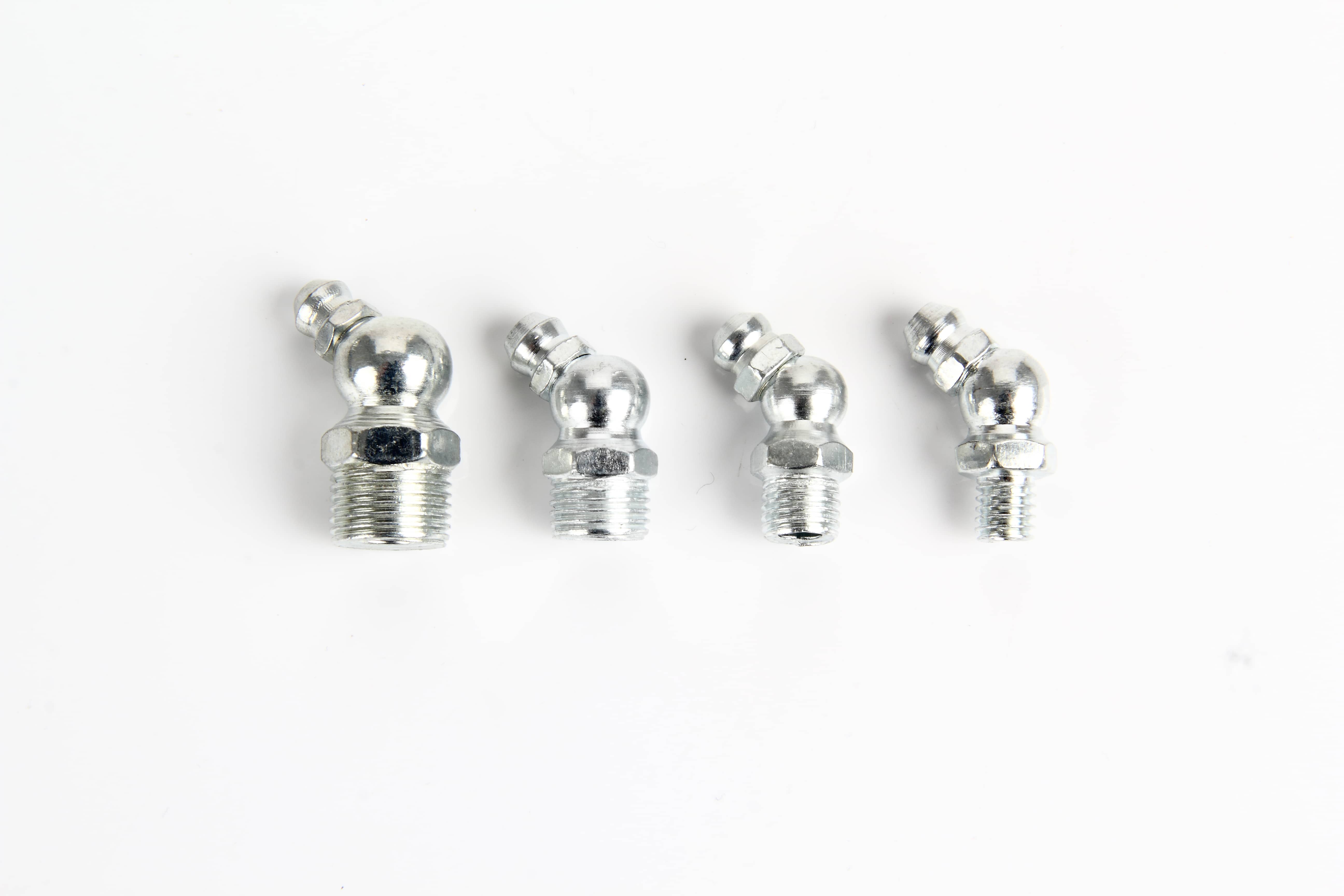 Heavy duty metal 45 degree elbow grease nipple with male tapered thread built to DIN 71412 Form B by Fitsch