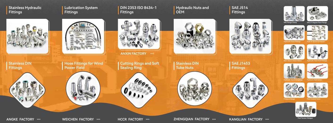 Fitsch's wide production range including Centralized lubrication system fittings, stainless steel hydraulic fittings, Hydraulic Nuts, DIN 2353 Hydraulic Fittings, SAE Flange Clamps, Valves etc