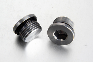 A crisp studio shot of a steel DIN 908 internal hexagon socket screw plug showcasing its precision groove and embedded green/black ED soft sealing NBR ring.