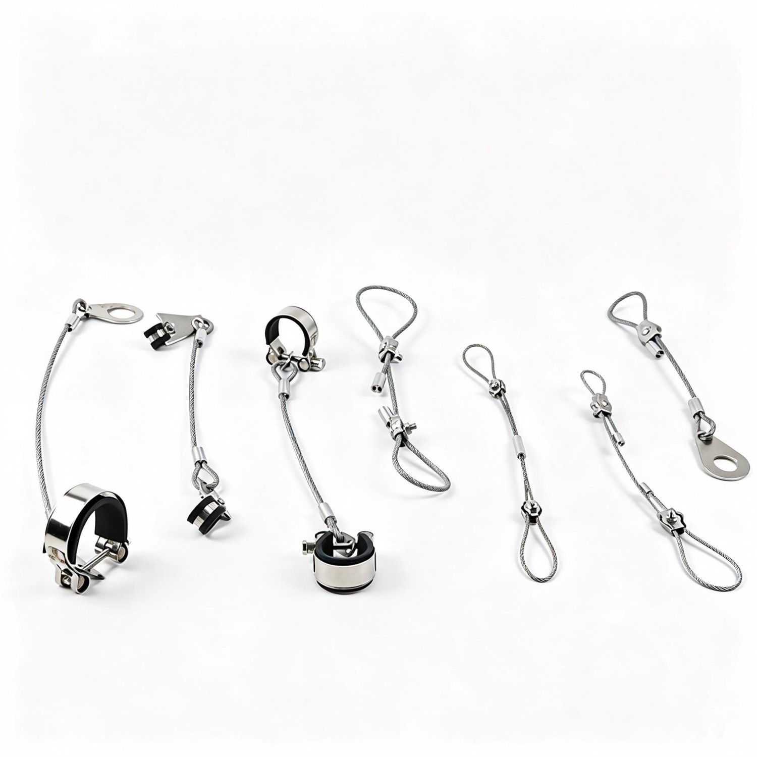 Complete multi-part assembly to buy hydraulic hose whip restraints for heavy machinery.