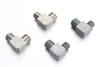 Component breakdown of an ISO 8434-1 LL series elbow connector showing the 90 degree body, cutting ring, and nut.