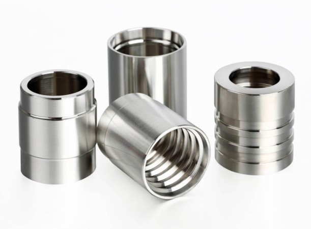 Fitsch stainless steel hydraulic hose ferrules arranged with different types of hydraulic hoses, illustrating compatible skive and no-skive crimp sleeves for 1SN, 2SN braided, and 4SP, 4SH multi-spiral high-pressure industrial fluid hoses.