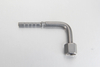 A professional white-background studio shot of a 90-degree elbow automatic lubrication hose fitting showing the push-on/crimp hose end and the metric DKOLL female swivel nut.