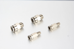 Single nickel-plated brass straight push-in lubrication fitting featuring precision metric M6 M8 and M10 threads from Fitsch.