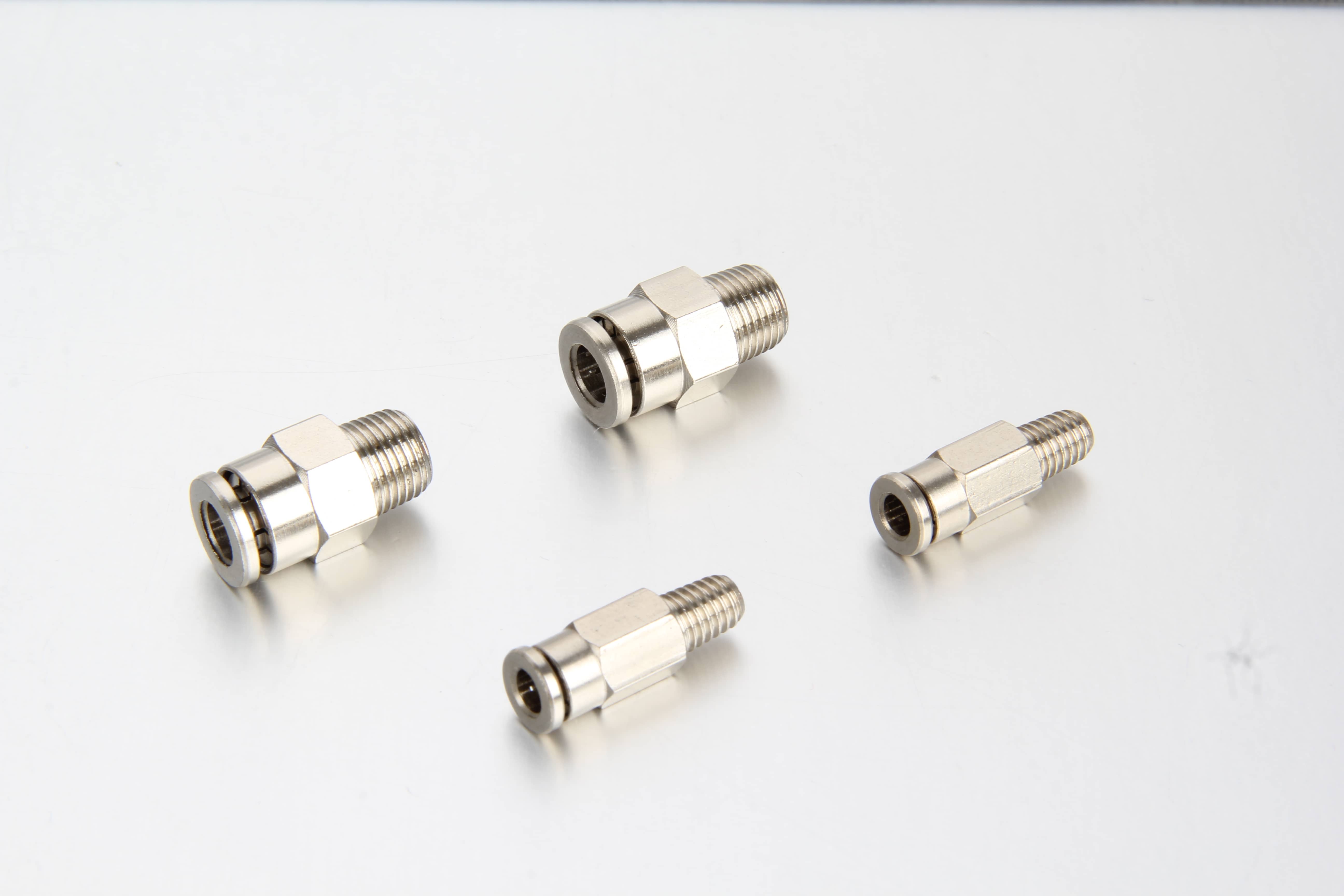 Single nickel-plated brass straight push-in lubrication fitting featuring precision metric M6 M8 and M10 threads from Fitsch.