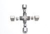 Metric compression union cross fitting assembly joining four identical 4mm or 6mm grease lines.