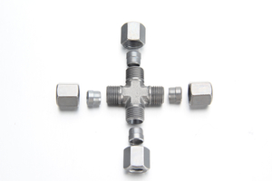 Metric compression union cross fitting assembly joining four identical 4mm or 6mm grease lines.